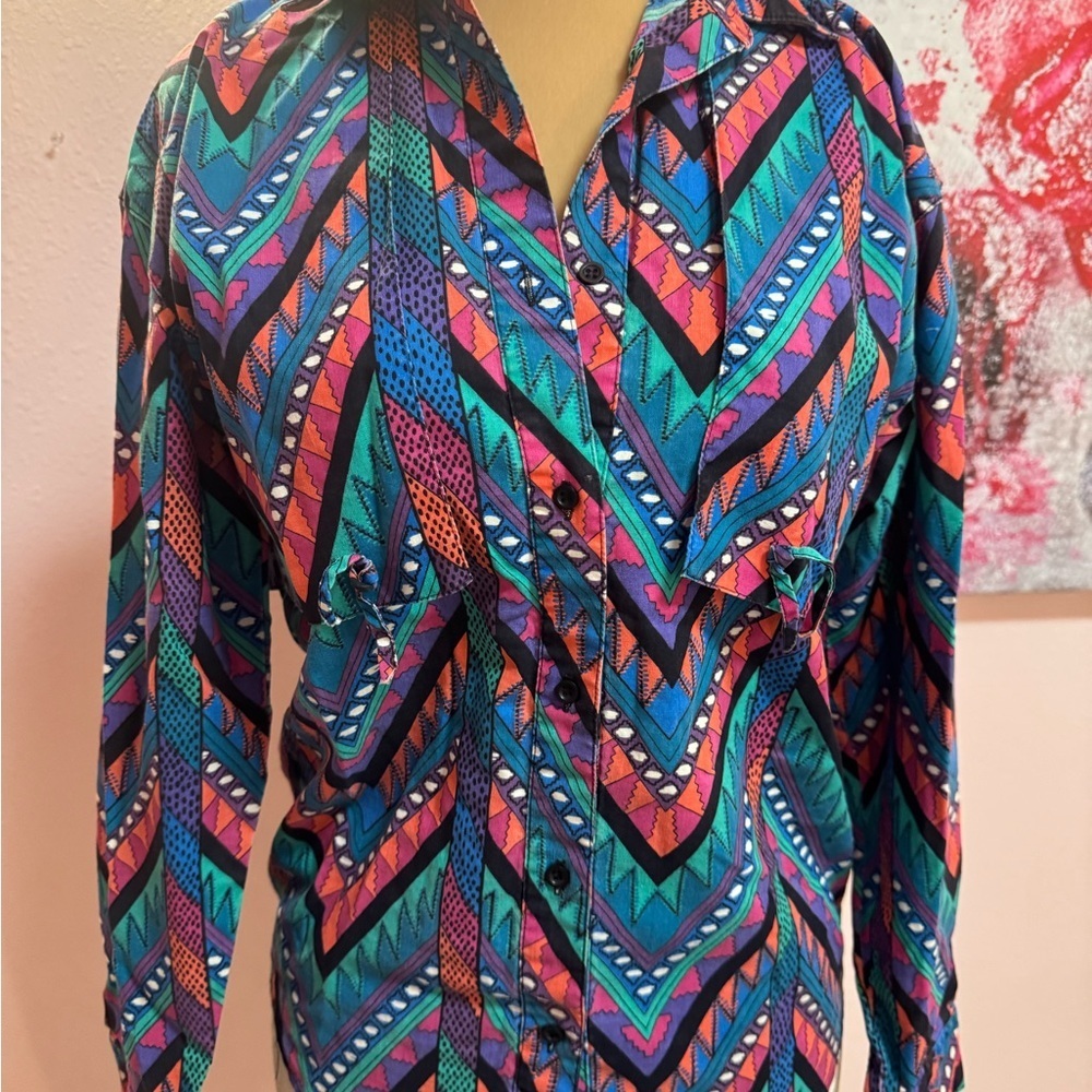 Wrangler Vintage Vibrant Aztec Print Button-Up - Teal, Purple & Coral